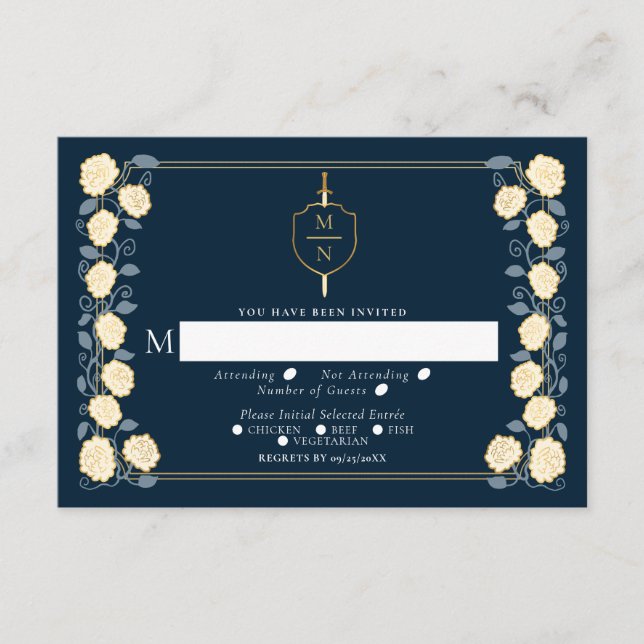 Tarjeta De Recepción Sword & Shield Fantasy Medieval Wedding RSVP Azul (Anverso)