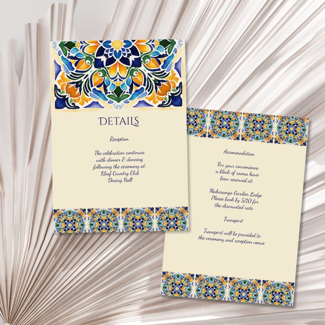 Tarjeta De Recepción Talavera azulejo azulejos azules detalles bodas me (Talavera azulejo blue tiles vintage Mexican Spanish wedding details Enclosure Card invitation suite)