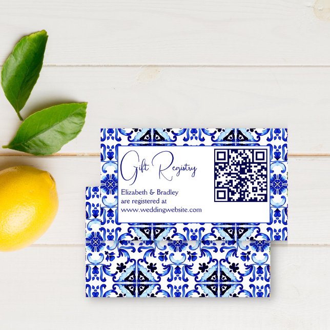 Tarjeta De Recepción Talavera azulejo azulejos azules qr registro de re (Talavera azulejo Maiolica blue tiles qr gift registry enclosure card vintage Mexican Mediterranean)