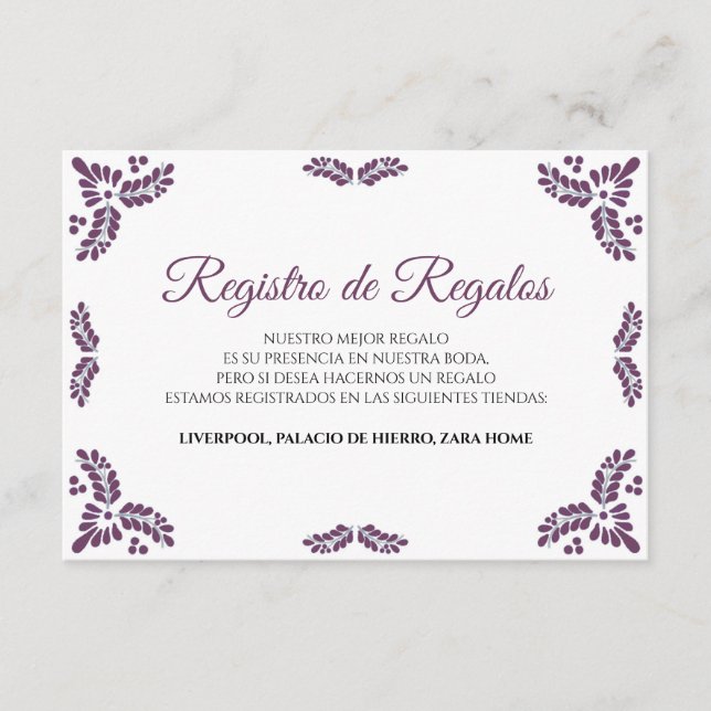 Tarjeta De Recepción Talavera Purple Floral Minimalist Spanish Wedding (Anverso)