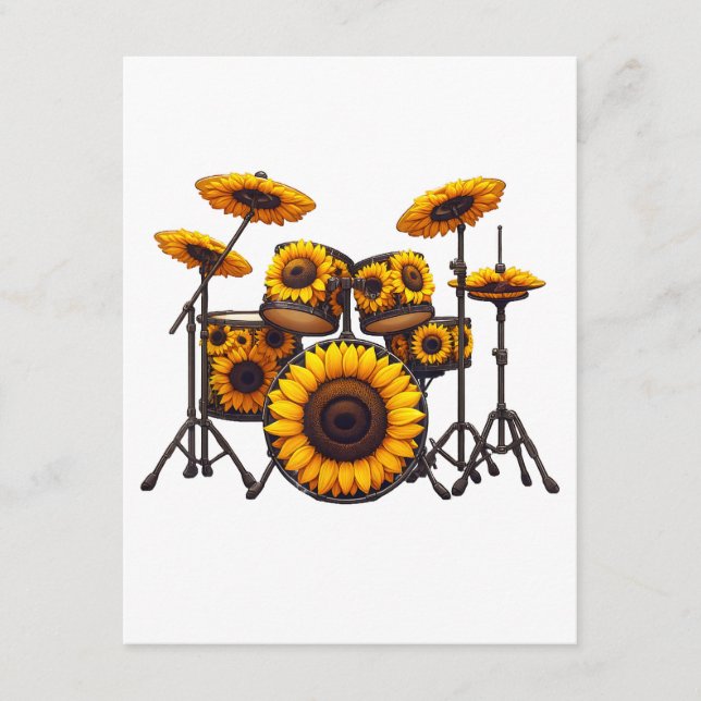 Tarjeta De Recepción Tambores Flor de girasol música floral (Anverso)