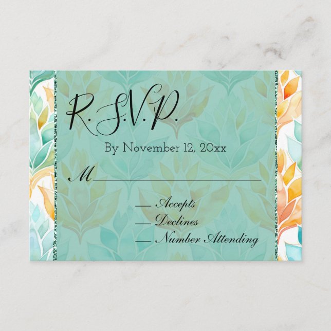 Tarjeta De Recepción Tangerina Turquesa Floral Abstracta Boda RSVP (Anverso)