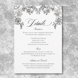 Tarjeta De Recepción Tapiz Floral Vintage en Blanco y Negro para Boda