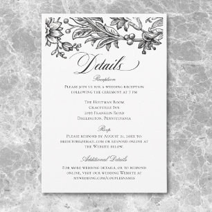 Tarjeta De Recepción Tapiz Floral Vintage en Blanco y Negro para Boda