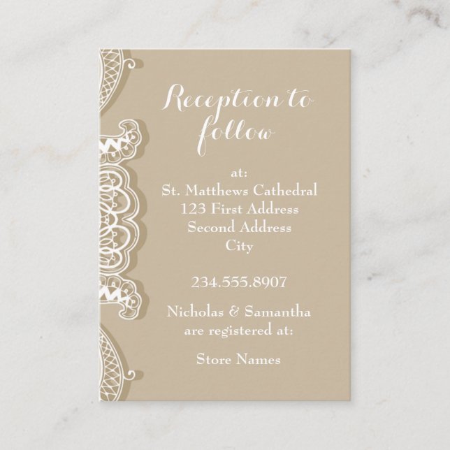Tarjeta De Recepción Taupe de encaje blanco clásico (Anverso)