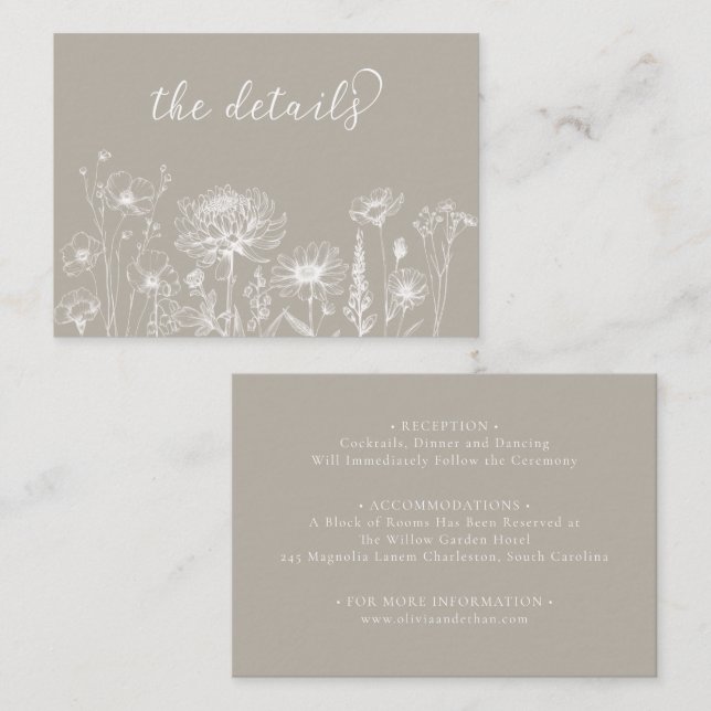 Tarjeta De Recepción Taupe Wildflower Details Card Neutral Wedding  (Anverso / Reverso)