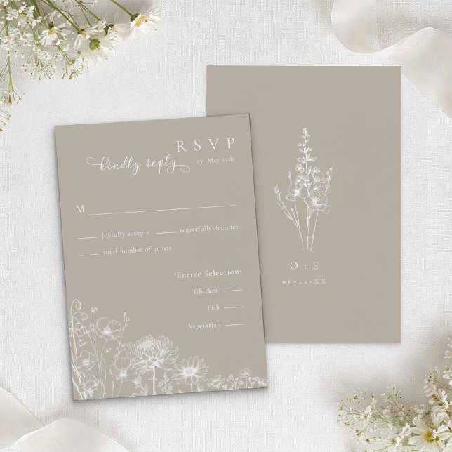 Tarjeta De Recepción Taupe Wildflower RSVP Card Neutral Wedding Insert (Taupe RSVP Wedding Insert)