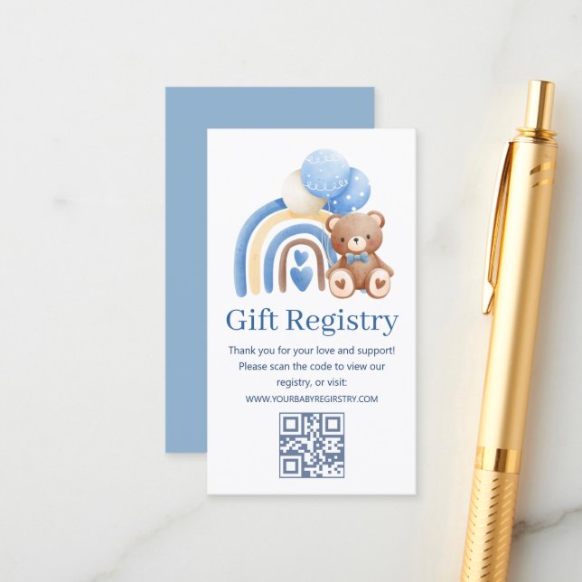 Tarjeta De Recepción teady bear baby Shower gift registry qr code  (Anverso/Reverso In Situ)