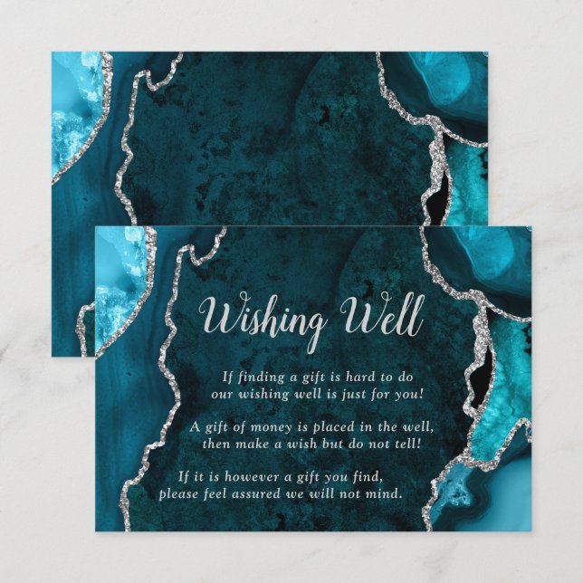 Tarjeta De Recepción Teal and Silver Agate Wedding Wishing Well (Anverso / Reverso)