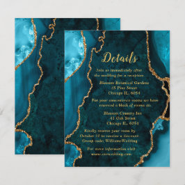 Tarjeta De Recepción Teal Blue and Gold Agate Wedding Details