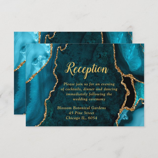 Tarjeta De Recepción Teal Blue and Gold Agate Wedding Reception (Anverso / Reverso)