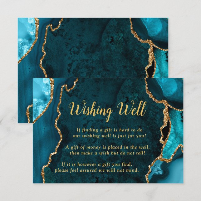 Tarjeta De Recepción Teal Blue and Gold Agate Wedding Wishing Well (Anverso / Reverso)