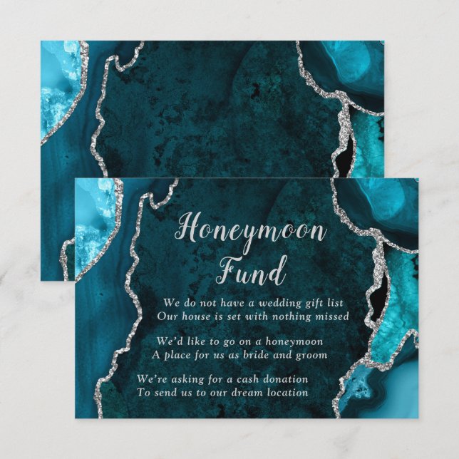 Tarjeta De Recepción Teal Blue and Silver Agate Honeymoon Fund (Anverso / Reverso)