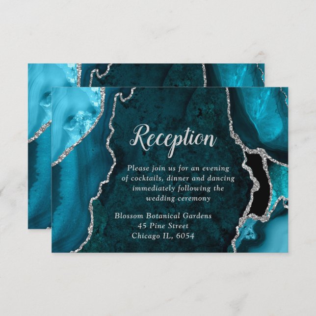 Tarjeta De Recepción Teal Blue and Silver Agate Wedding Reception (Anverso / Reverso)