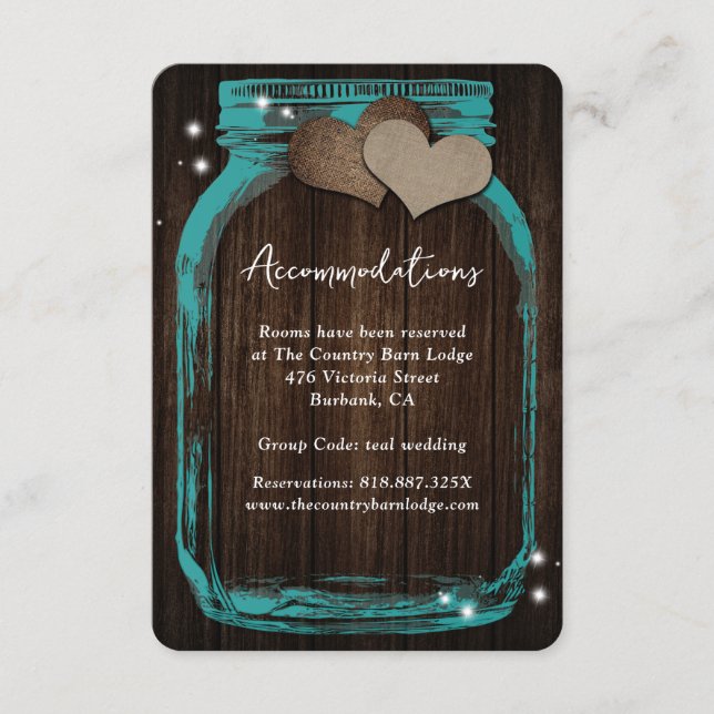 Tarjeta De Recepción Teal Mason Jar Wood Wedding Accommodation Card (Anverso)