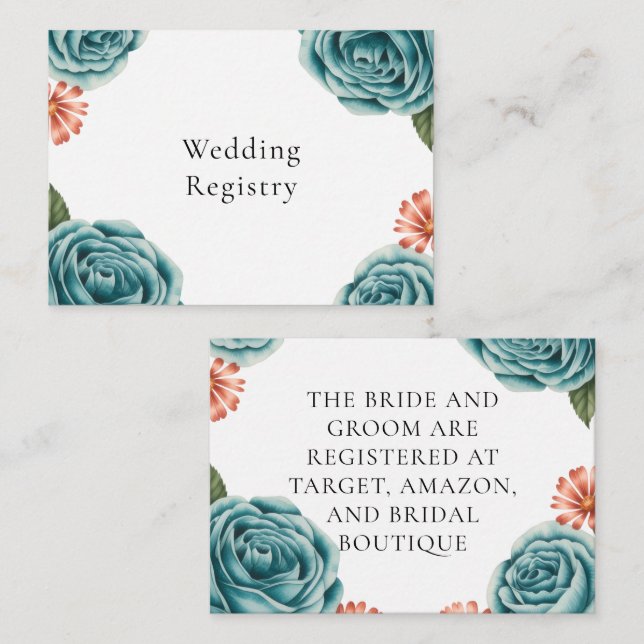 Tarjeta De Recepción Teal Rose & Orange Daisy Wedding Registry (Anverso / Reverso)
