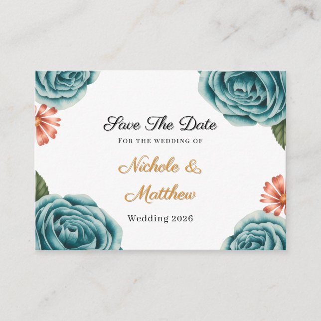Tarjeta De Recepción Teal Rose & Orange Daisy  Wedding Save The Date (Anverso)