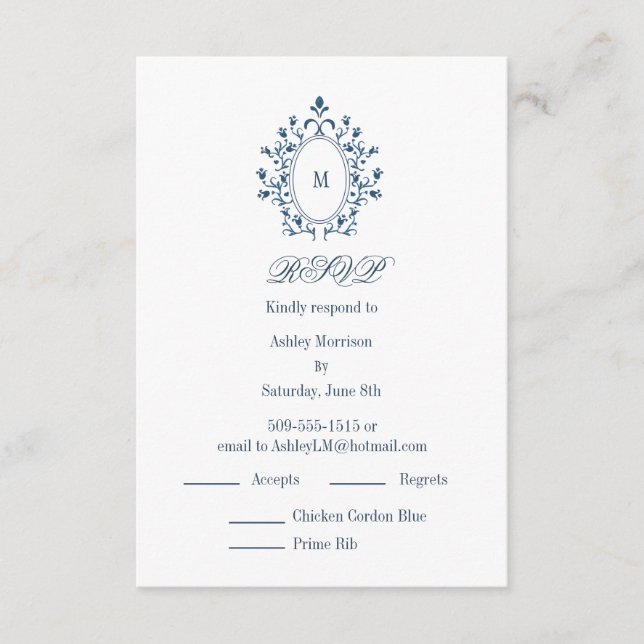 Tarjeta De Recepción teal RSVP card Monogram With 2 Entree Choice (Anverso)
