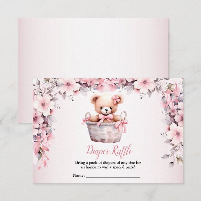 Tarjeta De Recepción Teddy Bear Baby Girl Flores Rosa Baby Shower (Anverso / Reverso)