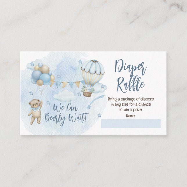 Tarjeta De Recepción Teddy Bear Balloons Boy Bearly Wait Diaper Raffle (Anverso)