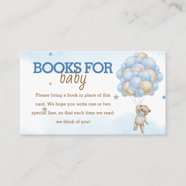 Tarjeta De Recepción Teddy Bear Blue Balloon Baby Shower Books para beb (Anverso)