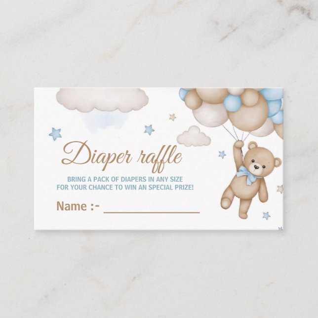 Tarjeta De Recepción Teddy Bear Blue Balloon Baby Shower Diaper Raffle (Anverso)