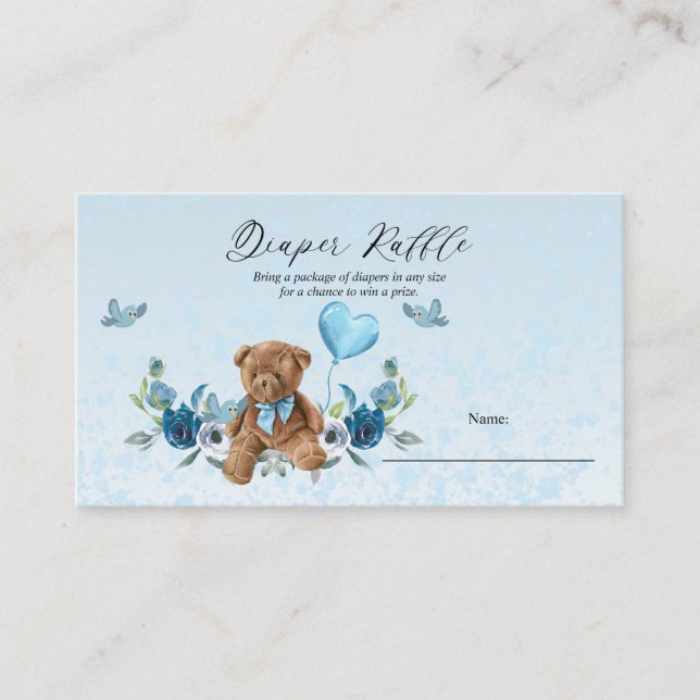 Tarjeta De Recepción Teddy Bear Blue Balloon Baby Shower Diaper Raffle (Anverso)