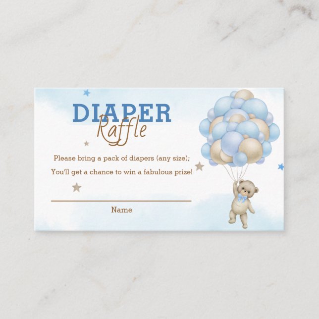 Tarjeta De Recepción Teddy Bear Blue Balloons Baby Shower Diaper Raffle (Anverso)