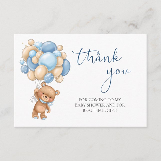 Tarjeta De Recepción Teddy Bear Blue Balloons Baby Shower Gracias (Anverso)