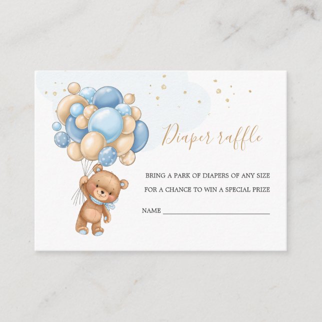 Tarjeta De Recepción Teddy Bear Blue Balloons Diaper Raffle (Anverso)