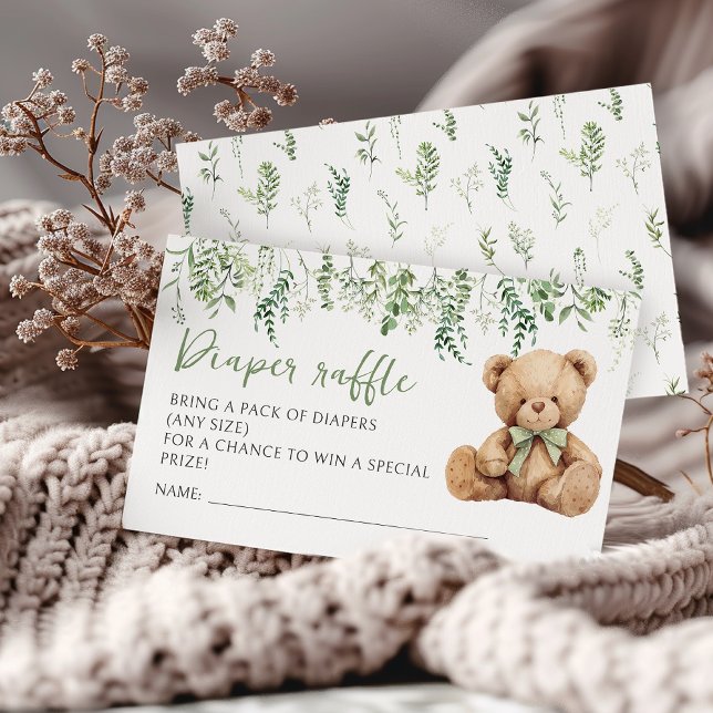 Tarjeta De Recepción Teddy Bear Bow Greenery Baby Shower Diaper Raffle (Subido por el creador)