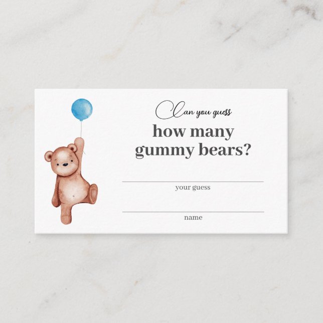 Tarjeta De Recepción Teddy Bear Boy Baby Shower Cuántos Osos De Gummy (Anverso)