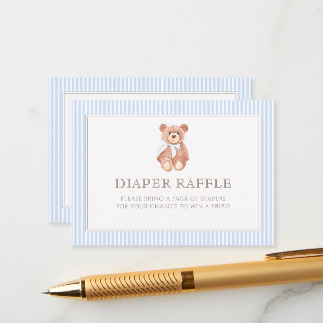 Tarjeta De Recepción Teddy Bear Boy Classic Baby Shower Diaper Raffle (Anverso/Reverso In Situ)