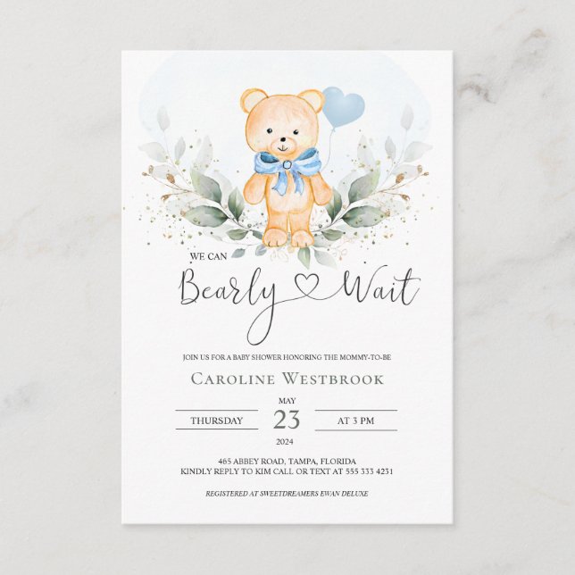 Tarjeta De Recepción Teddy Bear Boy, Green Foliage Baby Shower (Anverso)