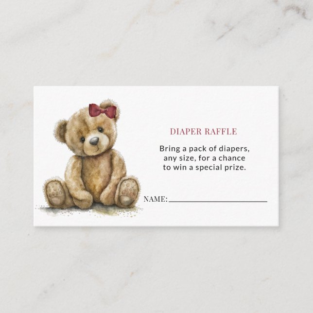 Tarjeta De Recepción Teddy Bear Chica Baby Shower Diaper Raffle (Anverso)
