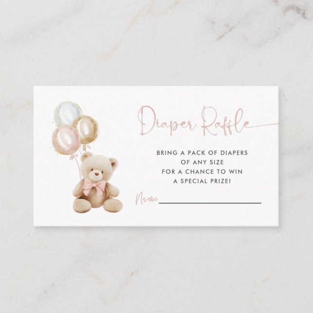 Tarjeta De Recepción Teddy Bear Con Balones Chica Diaper Raffle Card (Anverso)
