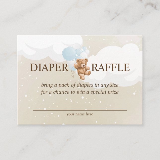 Tarjeta De Recepción Teddy Bear con Blue Balloons Diaper Raffle Card (Anverso)
