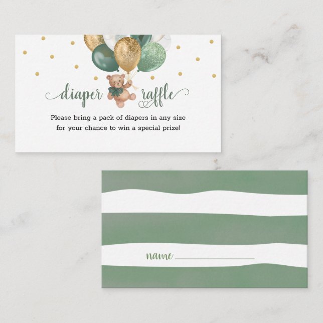 Tarjeta De Recepción Teddy Bear Diaper Raffle Sage Green Baby Shower (Anverso / Reverso)