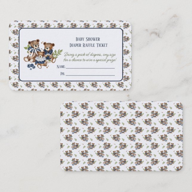 Tarjeta De Recepción Teddy Bear Family Baby Boy Shower Diaper Raffle (Anverso / Reverso)
