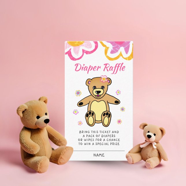 Tarjeta De Recepción Teddy Bear Flores Baby Shower Diaper Raffle (Subido por el creador)