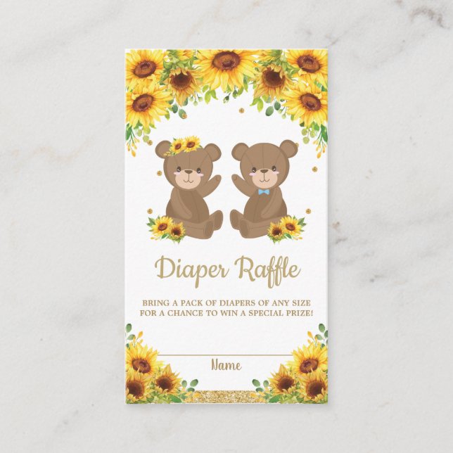 Tarjeta De Recepción Teddy Bear Gemelos de girasol Niño Chica Diaper Ra (Anverso)