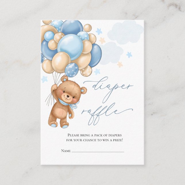 Tarjeta De Recepción Teddy Bear Globos Baby Shower Diaper Raffle (Anverso)
