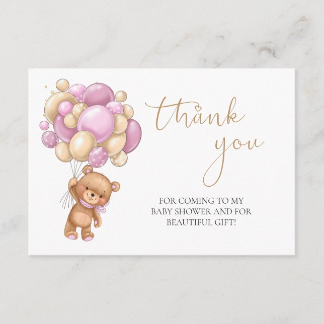 Tarjeta De Recepción Teddy Bear Globos Rosa Baby Shower Gracias (Anverso)