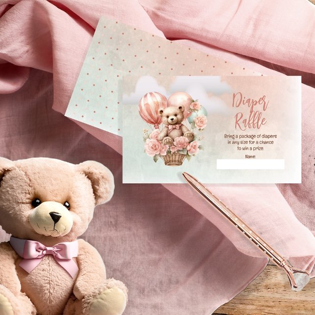Tarjeta De Recepción Teddy Bear Globos rosados Baby Shower Diaper Raffl (Teddy Bear in a Hot Air Balloon with Pink Flowers Girl Baby Shower Diaper Raffle Cards)