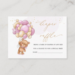 Tarjeta De Recepción Teddy Bear Globos rosados Diaper Raffle