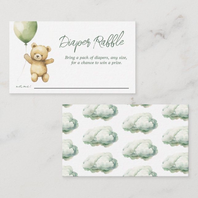 Tarjeta De Recepción Teddy Bear Green Balloon Baby Shower Diaper Raffle (Anverso / Reverso)
