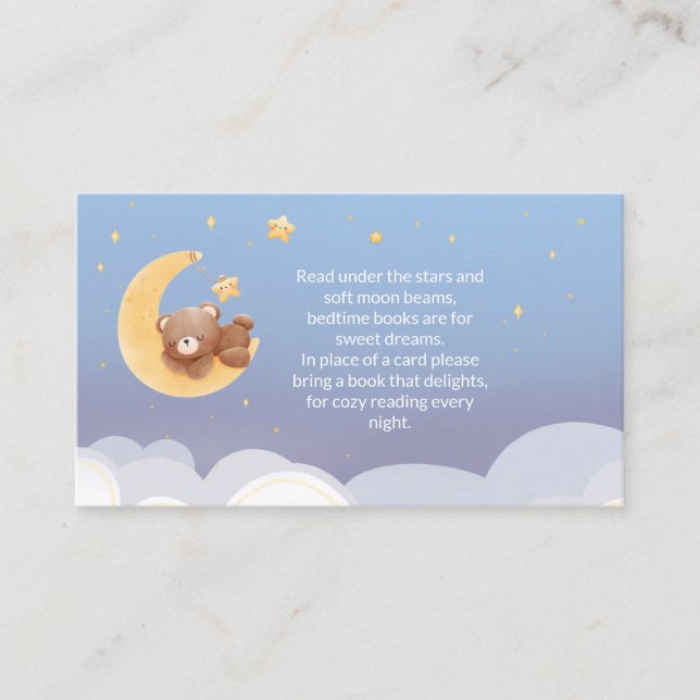 Tarjeta De Recepción Teddy Bear Moon Soft Blue Baby Shower Book Request (Anverso)