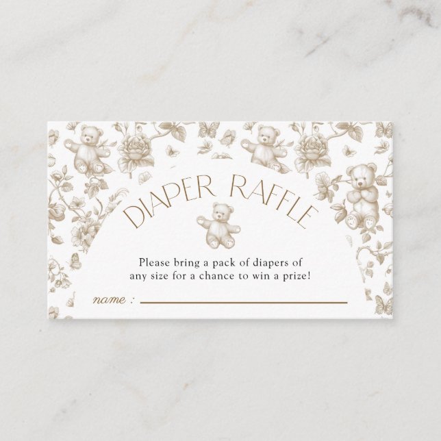 Tarjeta De Recepción Teddy Bear Neutral Toile Diaper Raffle Baby Shower (Anverso)