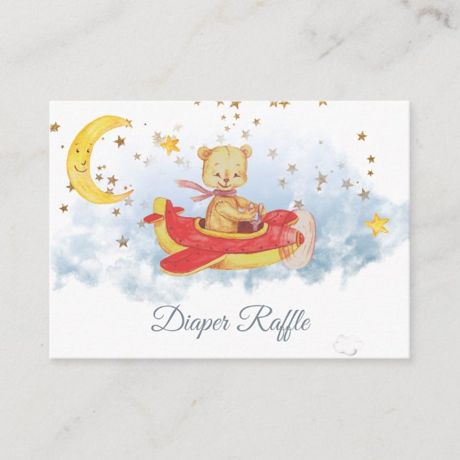 Tarjeta De Recepción *~* Teddy Bear Plano Moon Stars Diaper Raffle (Anverso)