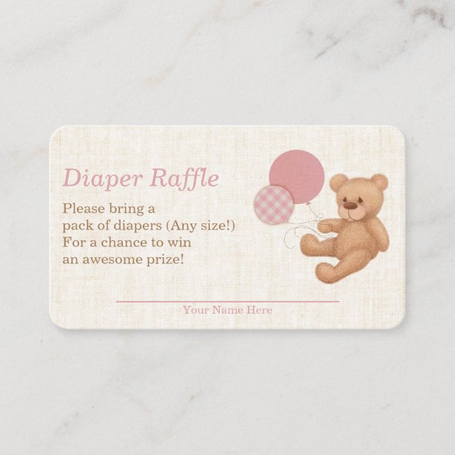 Tarjeta De Recepción Teddy Bear rosa Taid Baby Shower Diaper Raffle (Anverso)